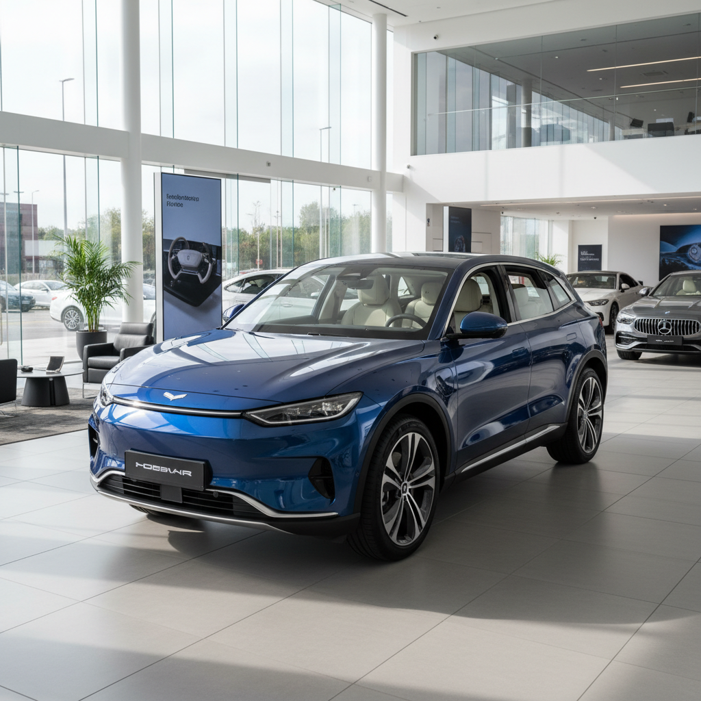 Blauer SUV Crossover im Autohaus-Showroom mit Glasfassade