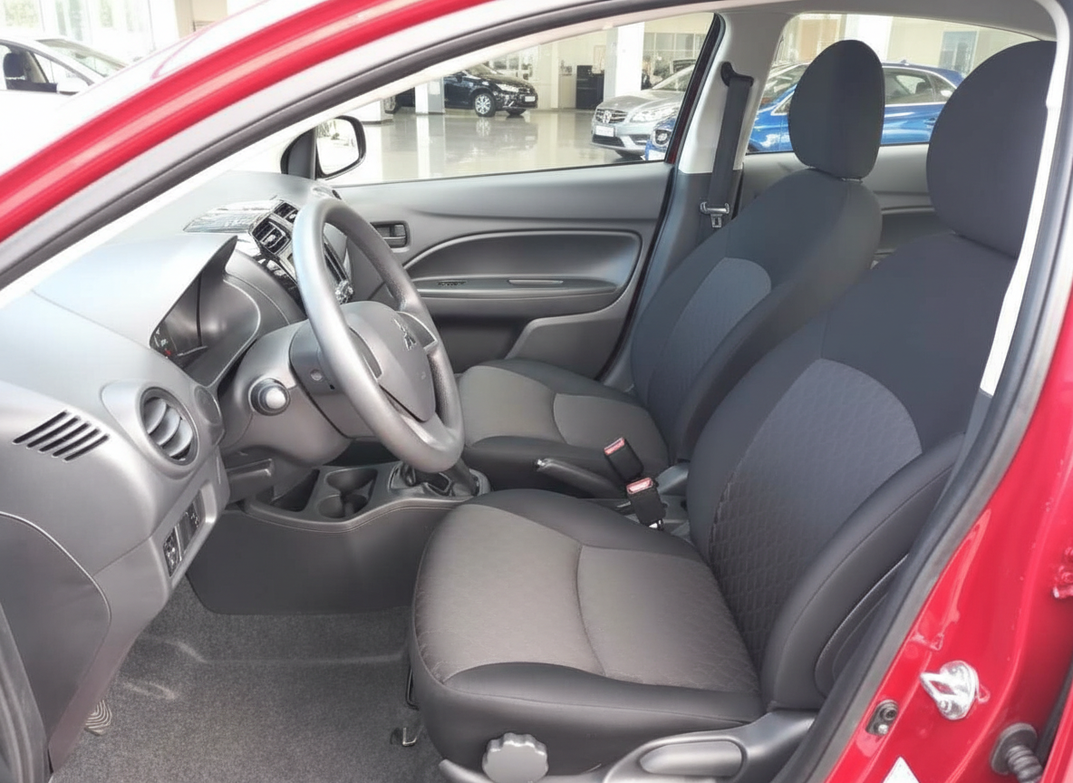 Mitsubishi Innenraum rot – Fahrersitz, Lenkrad und Mittelkonsole in schwarz-grau