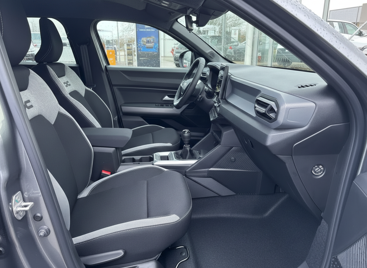 Fahrzeuginnenraum mit schwarzen Sportsitzen, Mittelkonsole und Schaltgetriebe