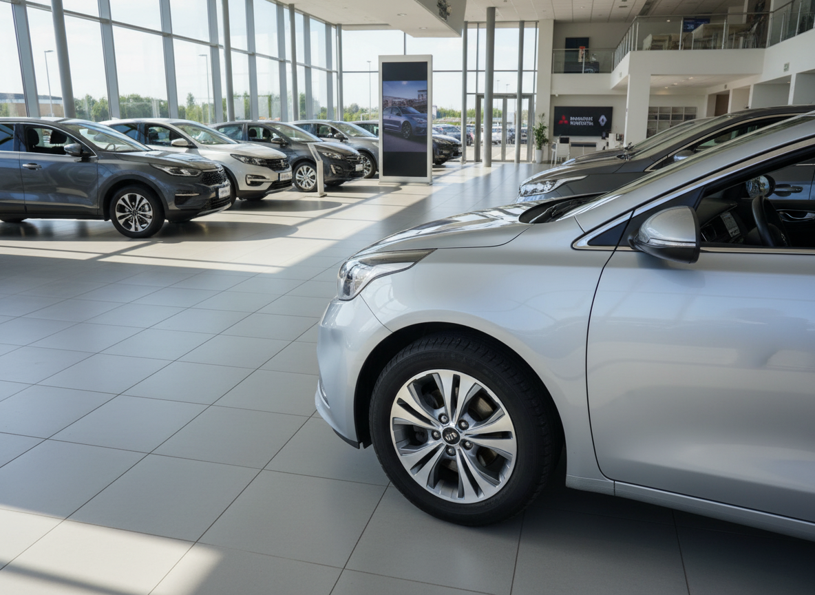 Kia Fahrzeuge im modernen Autohaus-Showroom, Silberner Kia im Vordergrund