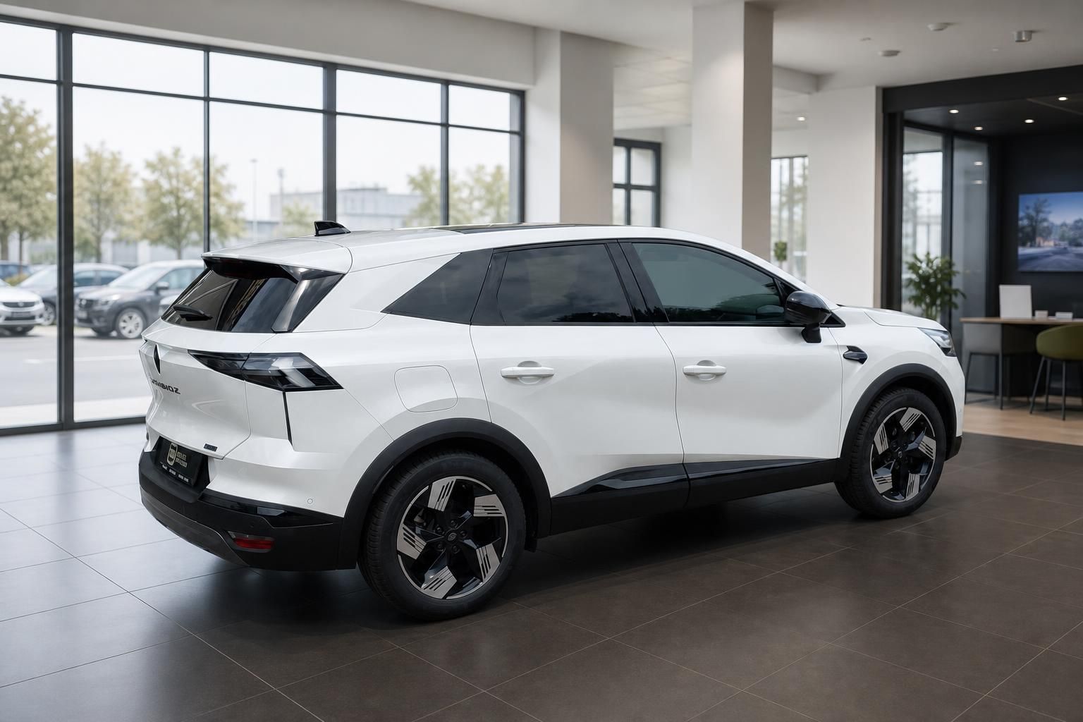Weißer SUV Seitenansicht von hinten im Autohaus Showroom mit großen Fenstern