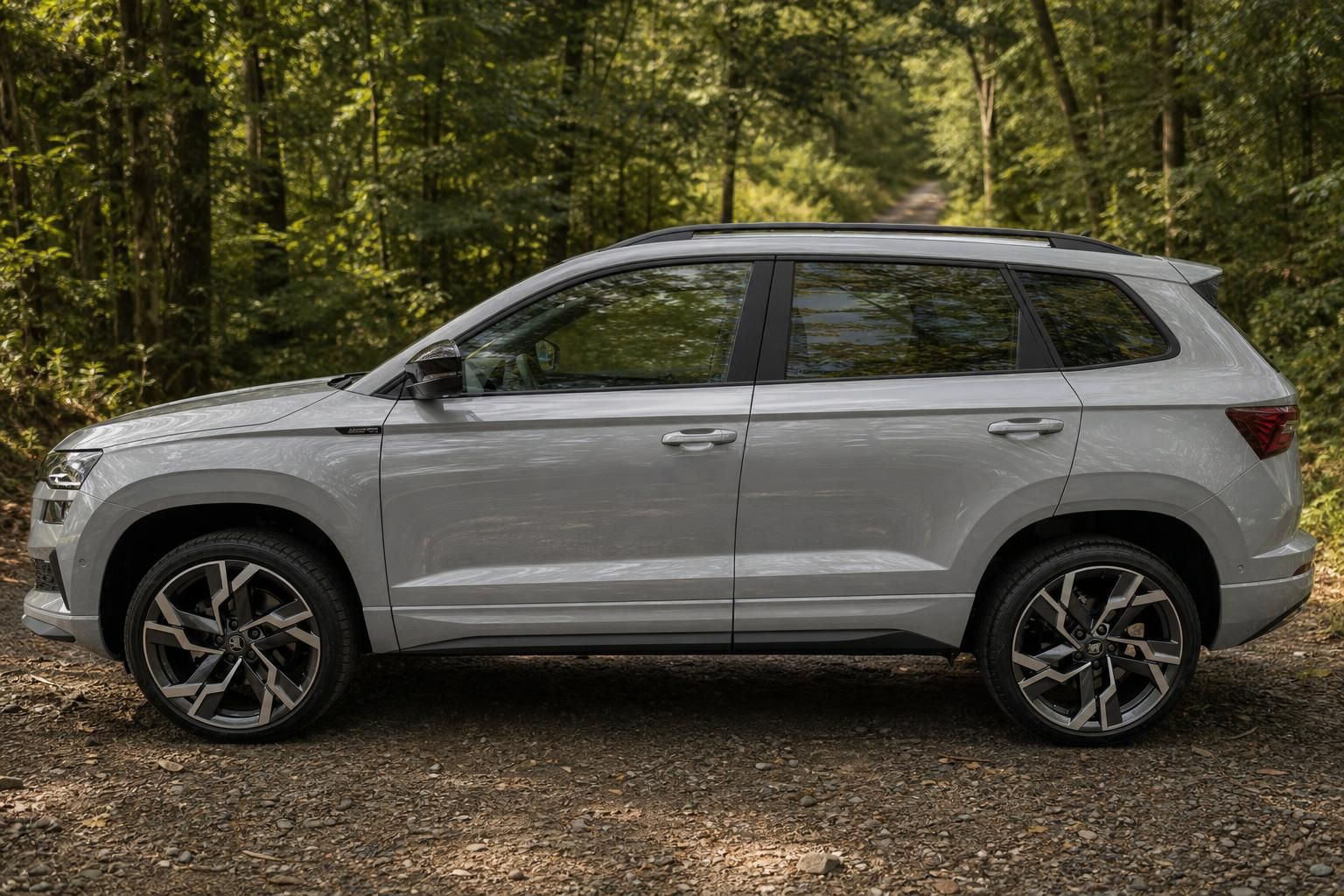 Grauer Skoda Karoq SUV Seitenansicht in der Natur mit modernen Alufelgen