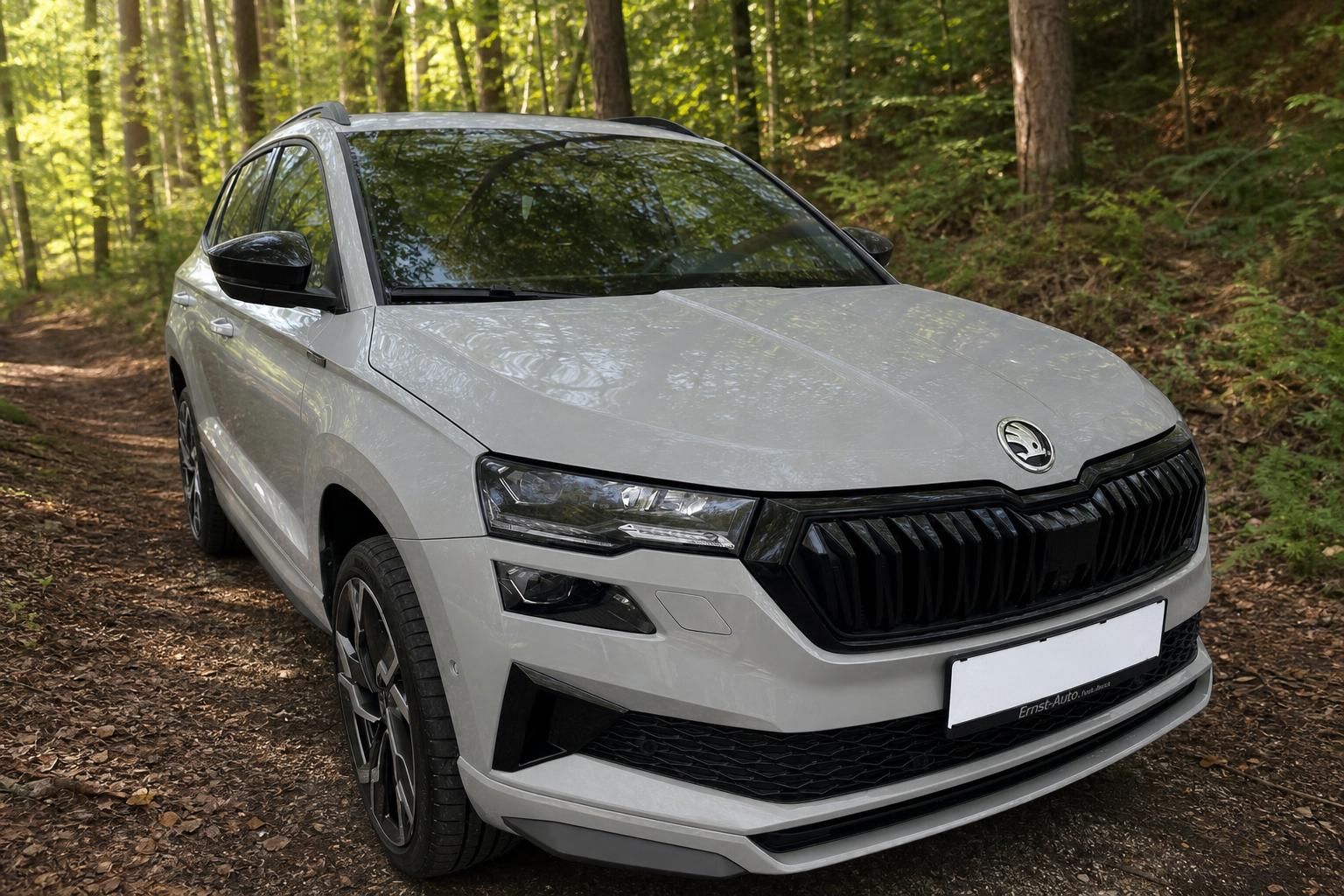 Skoda Karoq Front-Schrägansicht grau mit schwarzen Akzenten und LED-Tagfahrlicht