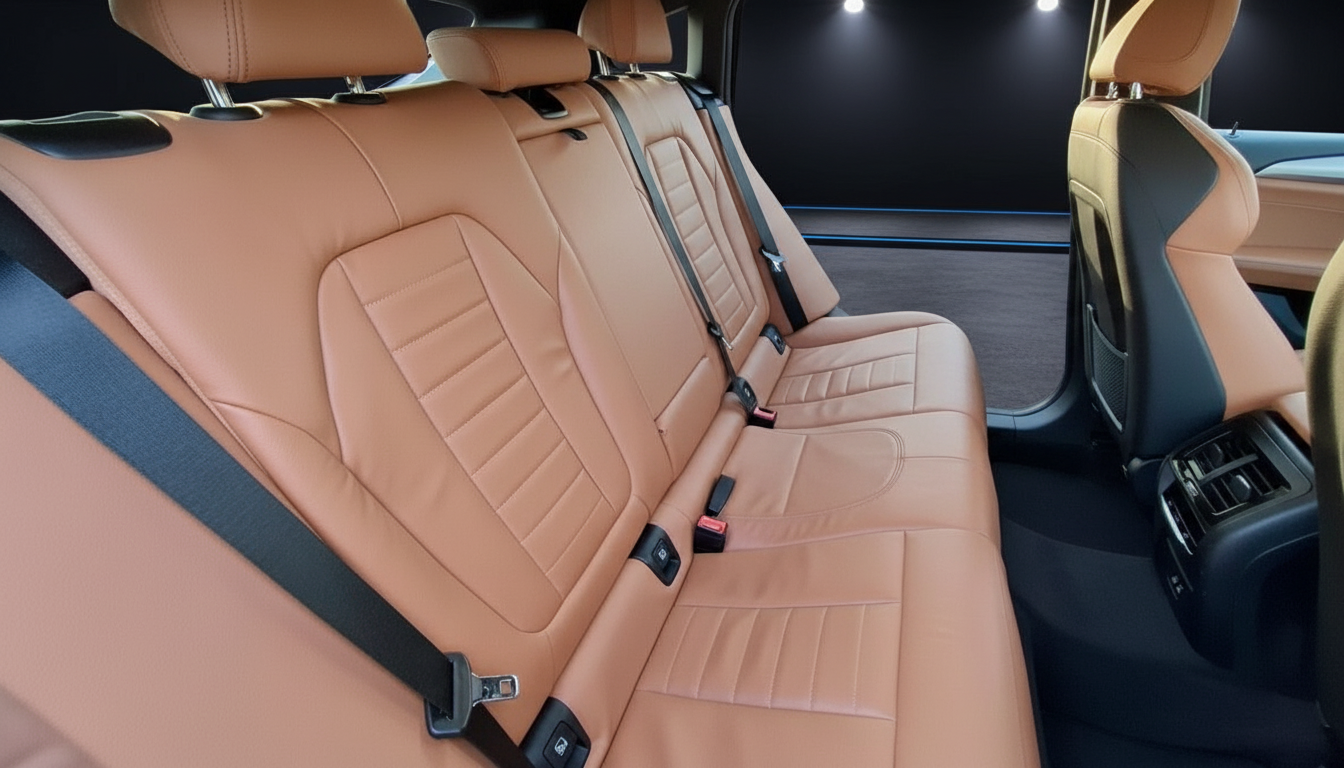 Luxuriöses Fahrzeug-Interieur mit cognacfarbenem Ledersitz im Fond und Sicherheitsgurten