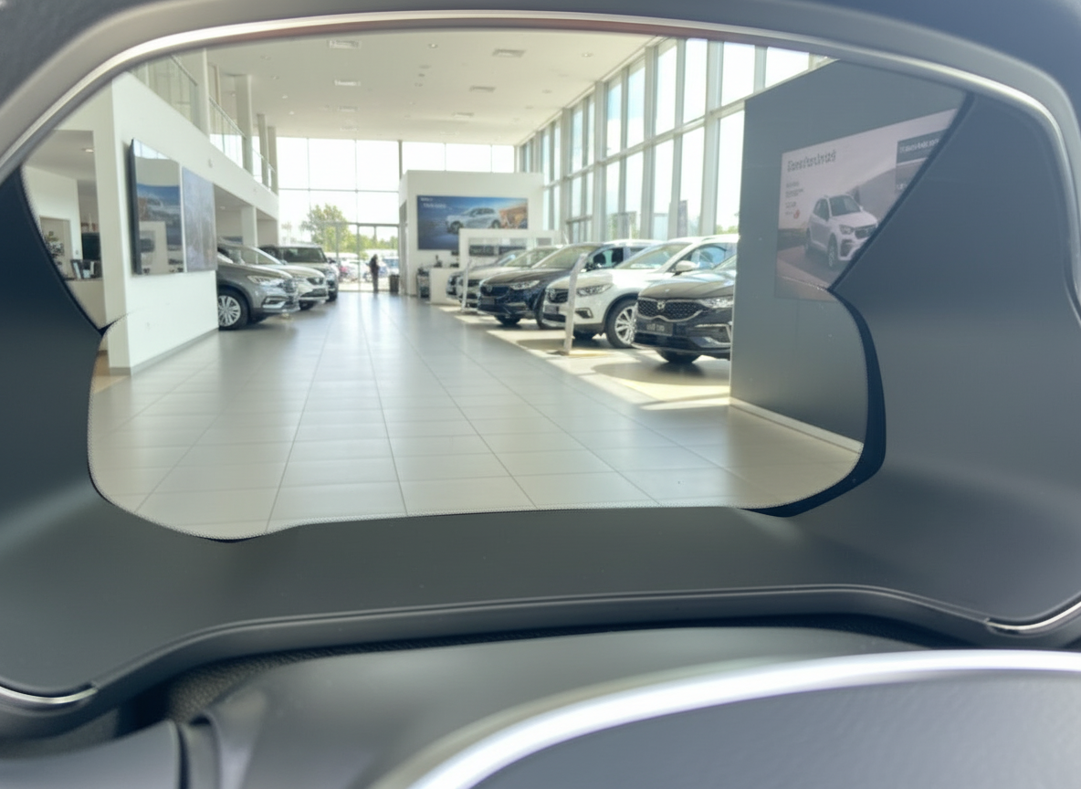 Blick durch Windschutzscheibe auf Autohaus-Showroom mit mehreren SUVs