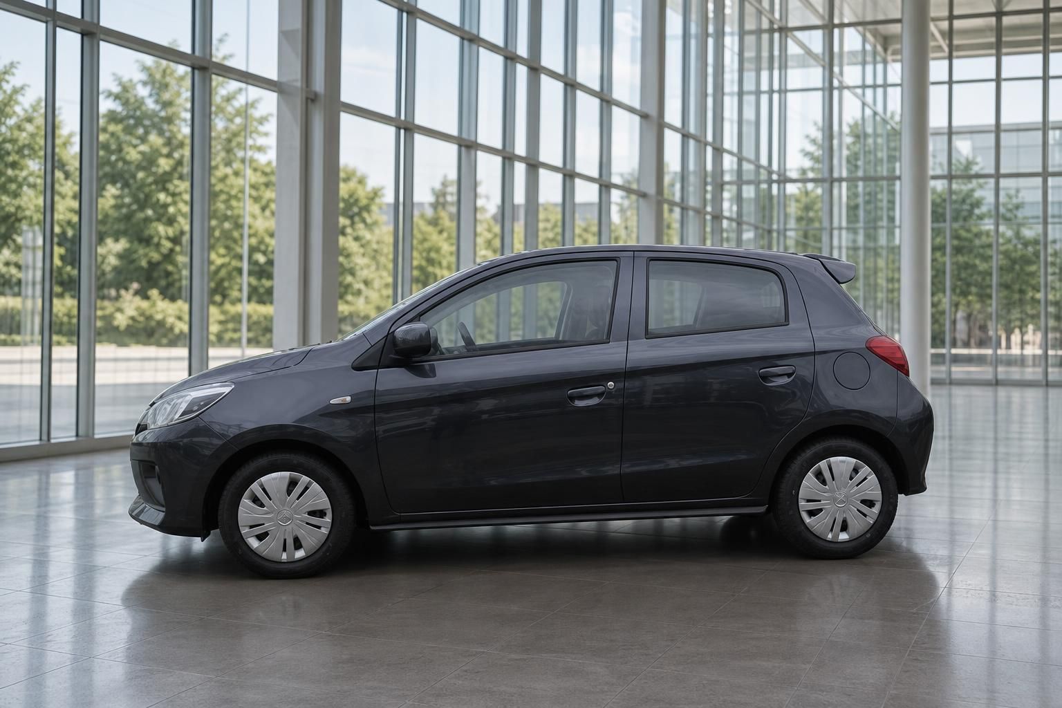 Mitsubishi Space Star dunkelgrau Seitenansicht im Showroom – 5-türiger Kleinwagen