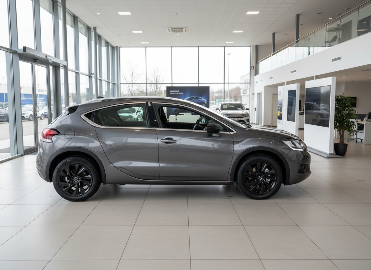 Grauer Nissan Juke Seitenansicht im Autohaus Showroom