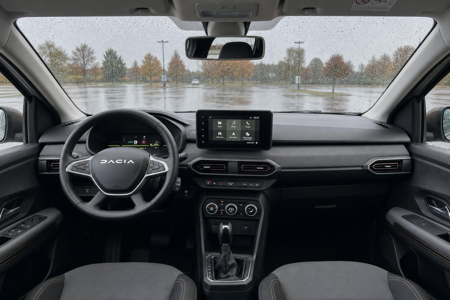 Dacia Cockpit Innenansicht schwarz grau Sitze Touchscreen Display