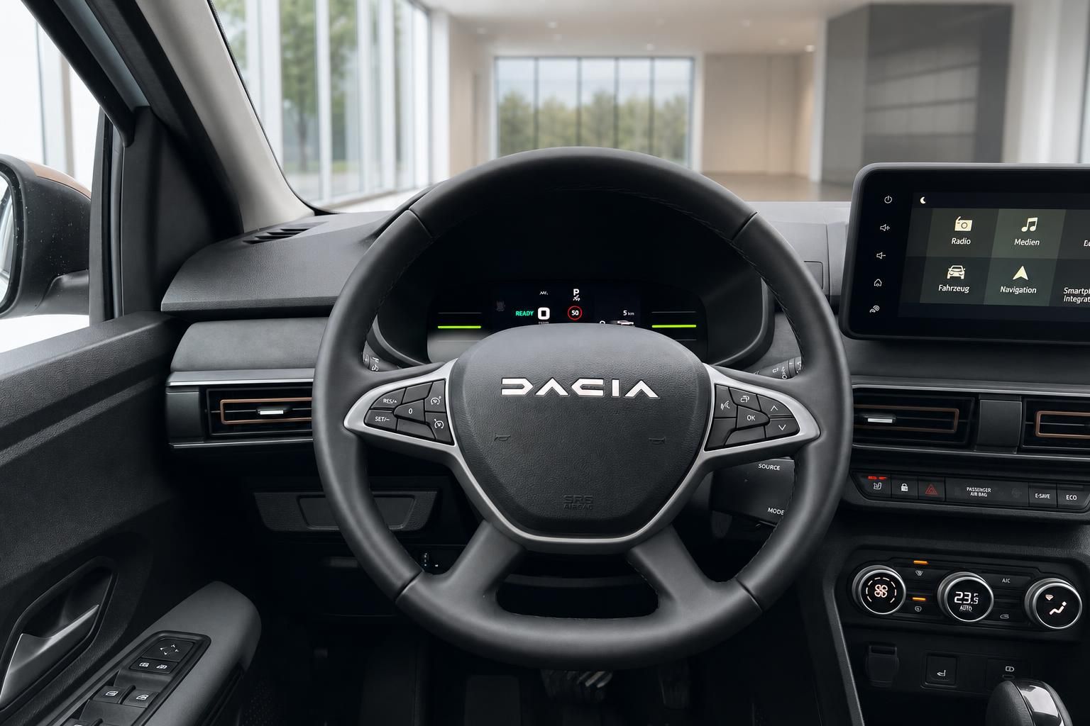 Dacia Innenraum mit Lenkrad, digitalem Cockpit und Touchscreen-Infotainmentsystem