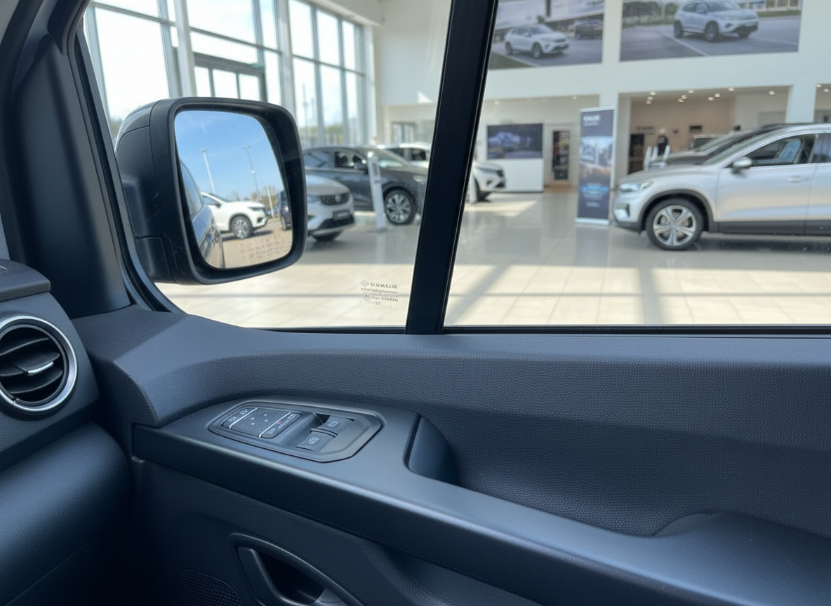 Fahrzeug-Innenraum mit Türverkleidung, Fensterheber und Außenspiegel im Autohaus