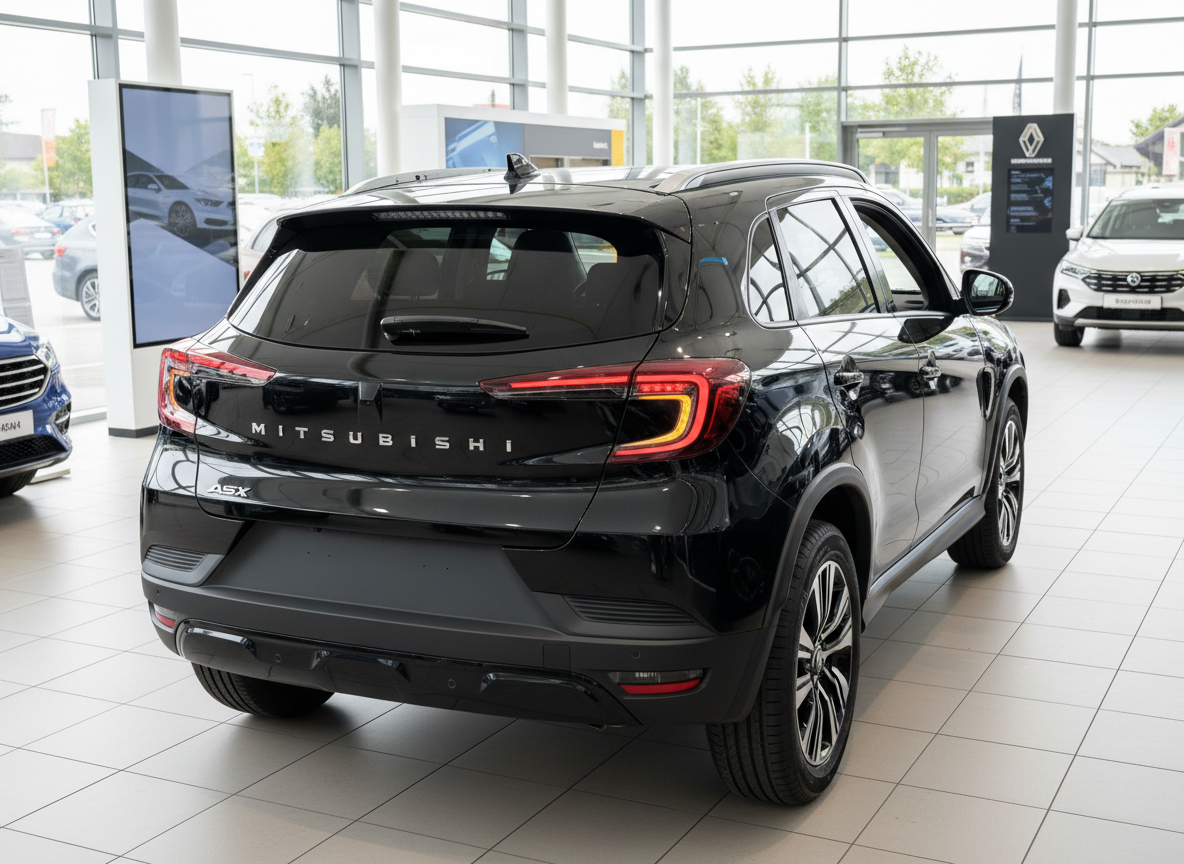 Mitsubishi ASX SUV in Schwarz, Heckansicht im Autohaus-Showroom