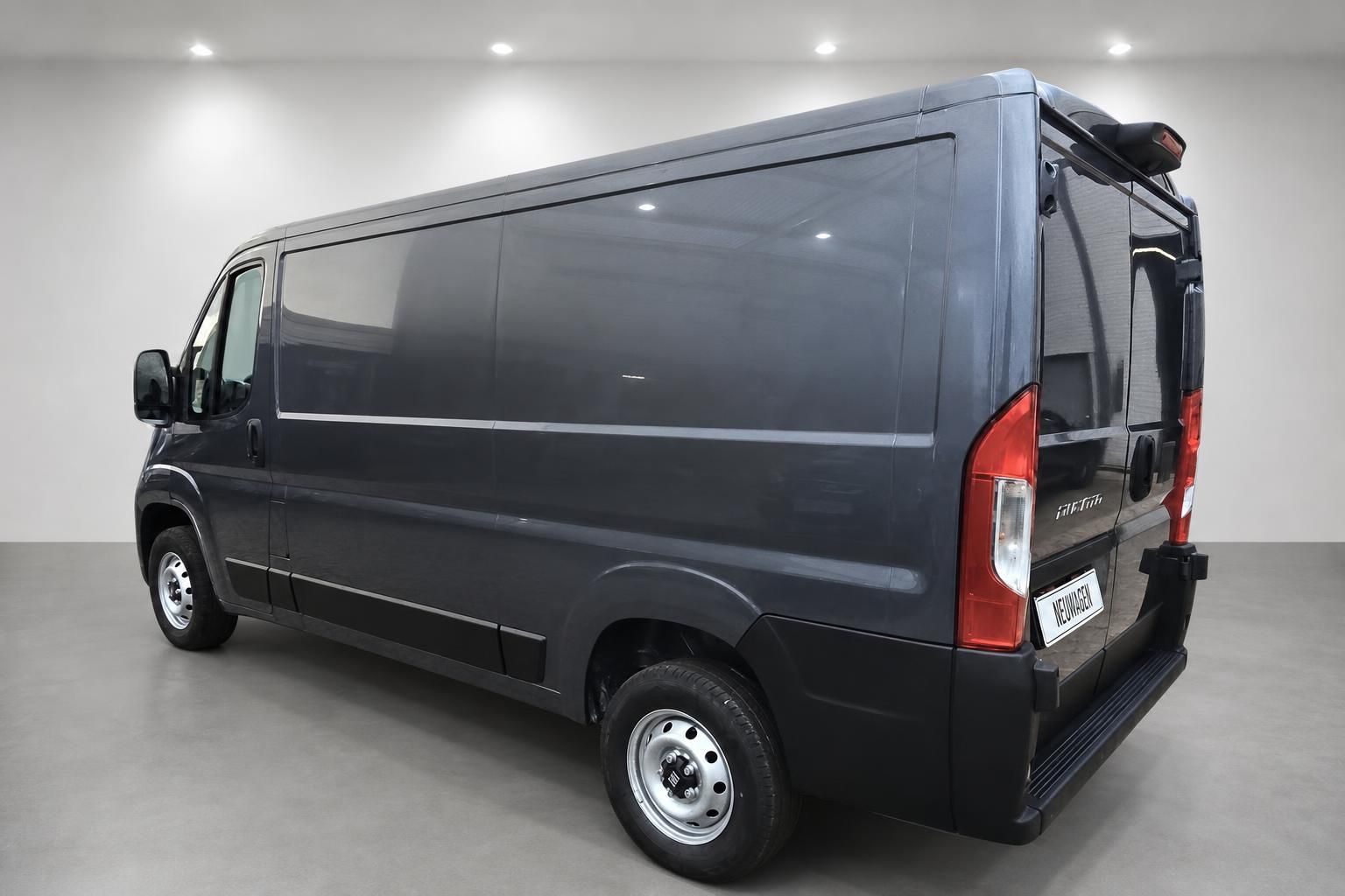 Fiat Ducato Kastenwagen grau, Heckansicht schraeg im Studio