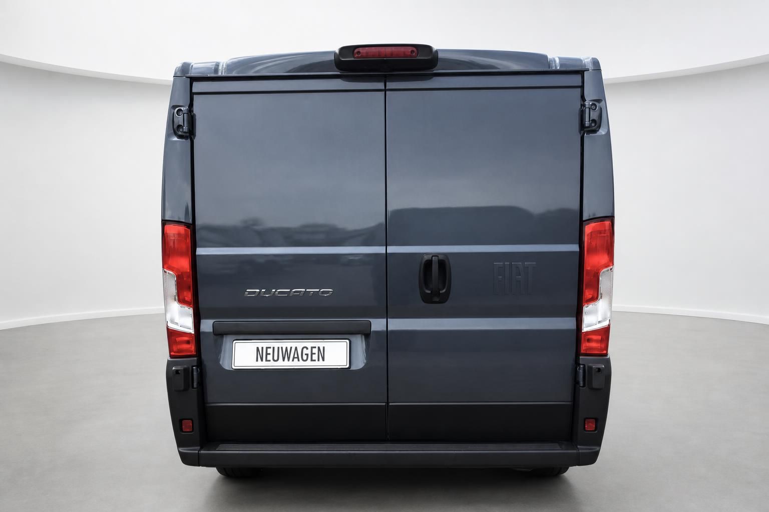 Fiat Ducato Kastenwagen grau, direkte Heckansicht mit Tueren