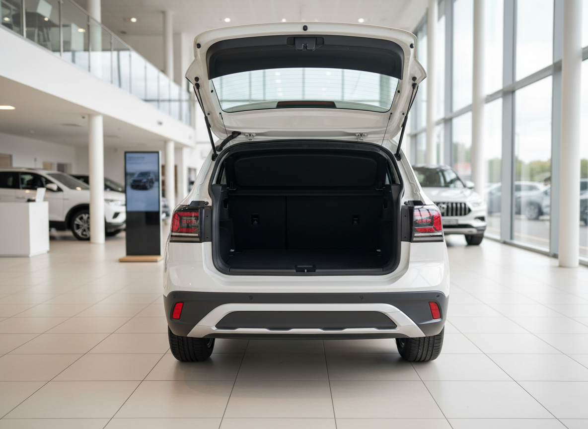 Weißer SUV mit geöffnetem Kofferraum im Autohaus-Showroom