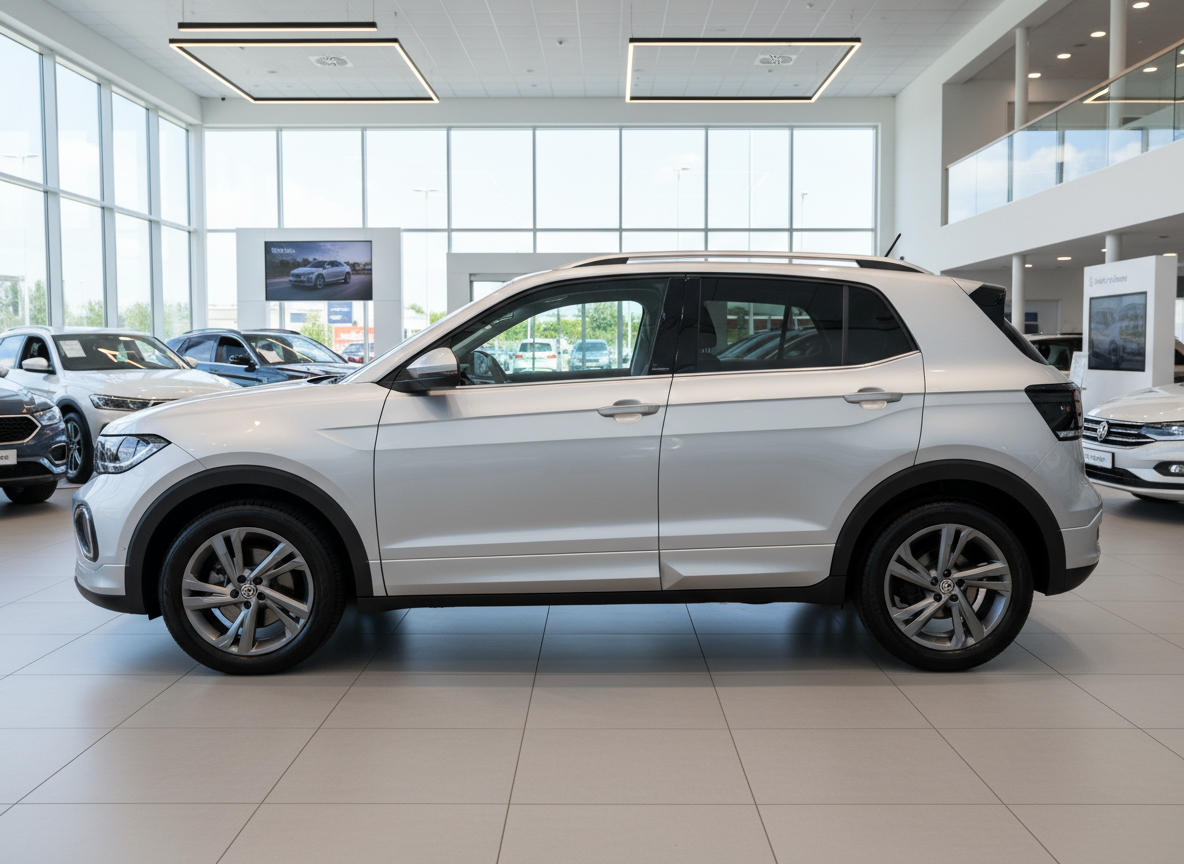 Silberner Volkswagen T-Roc SUV Seitenansicht im Autohaus-Showroom