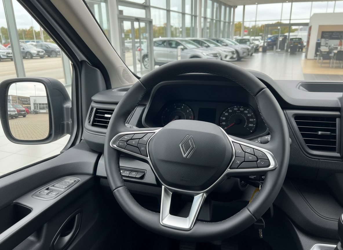 Renault Innenraum mit Lenkrad und Armaturenbrett in modernem Autohaus