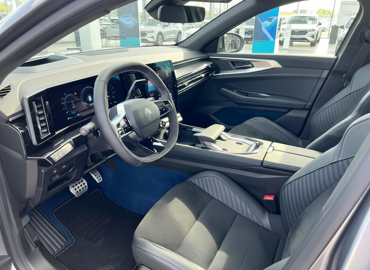Renault Innenraum mit digitalem Cockpit, Ledersitze und moderner Mittelkonsole im Autohaus