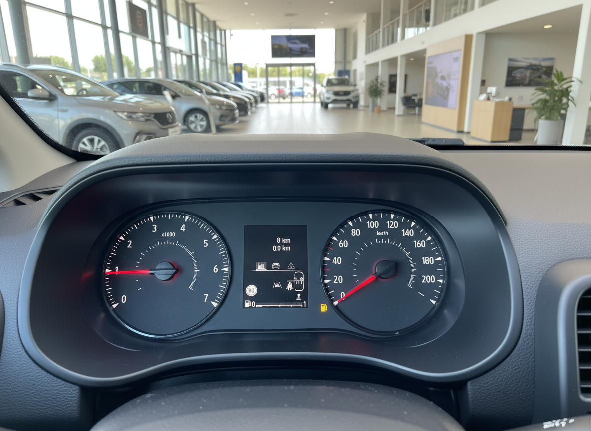 Tacho und Armaturenbrett eines Neuwagens im Autohaus mit 8 km Laufleistung