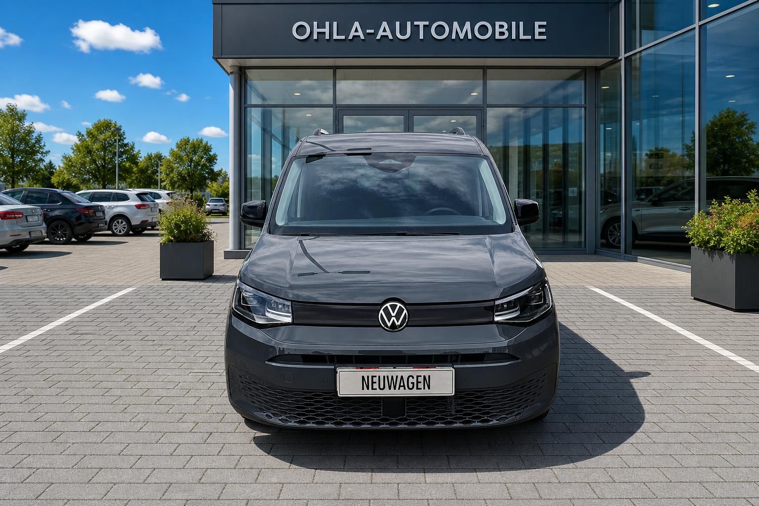 VW Caddy grau Frontansicht mit Neuwagen-Kennzeichen am Autohaus