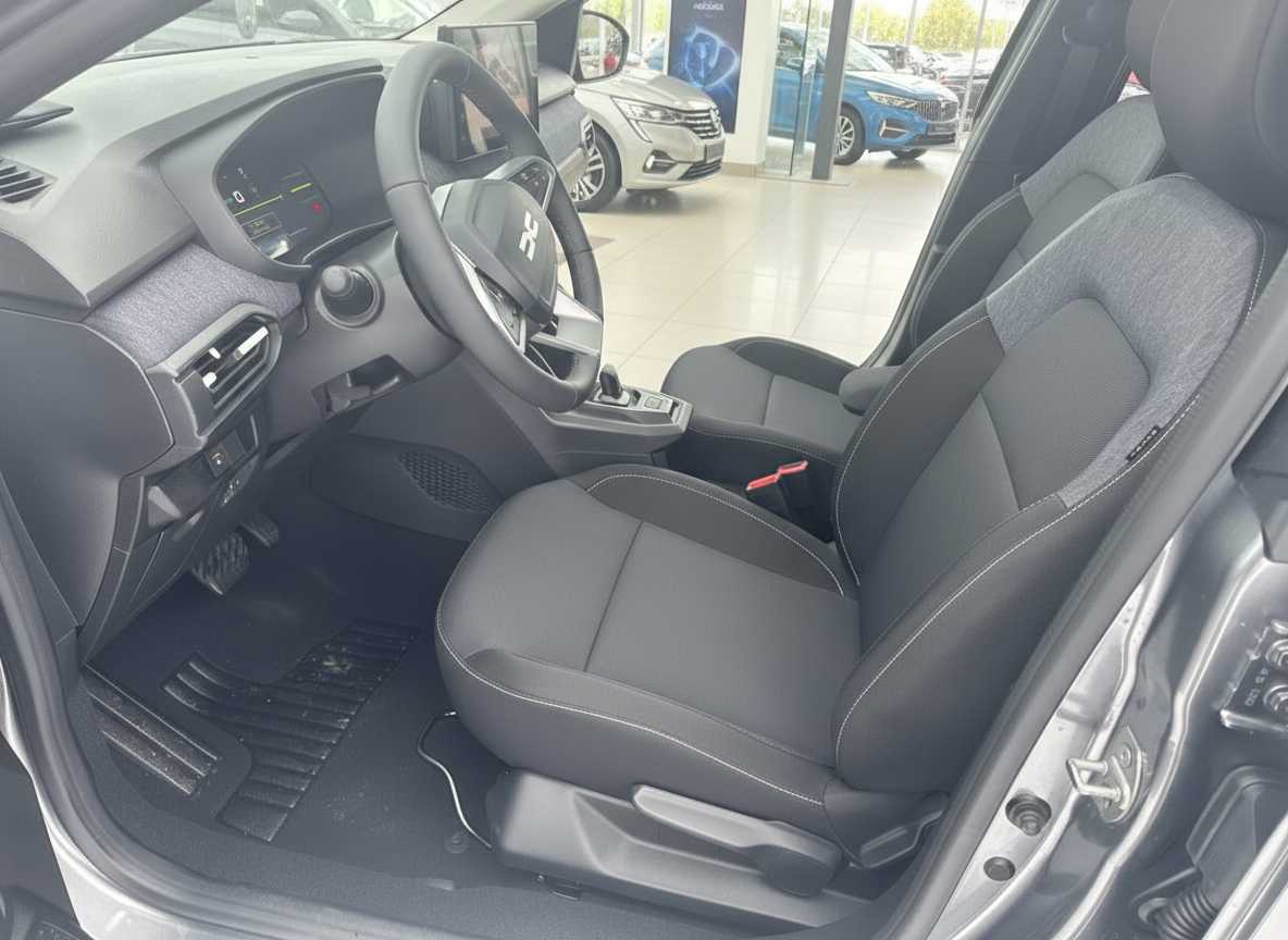 Peugeot Innenraum Fahrersitz mit schwarzer Stoffausstattung und digitalem Cockpit im Autohaus