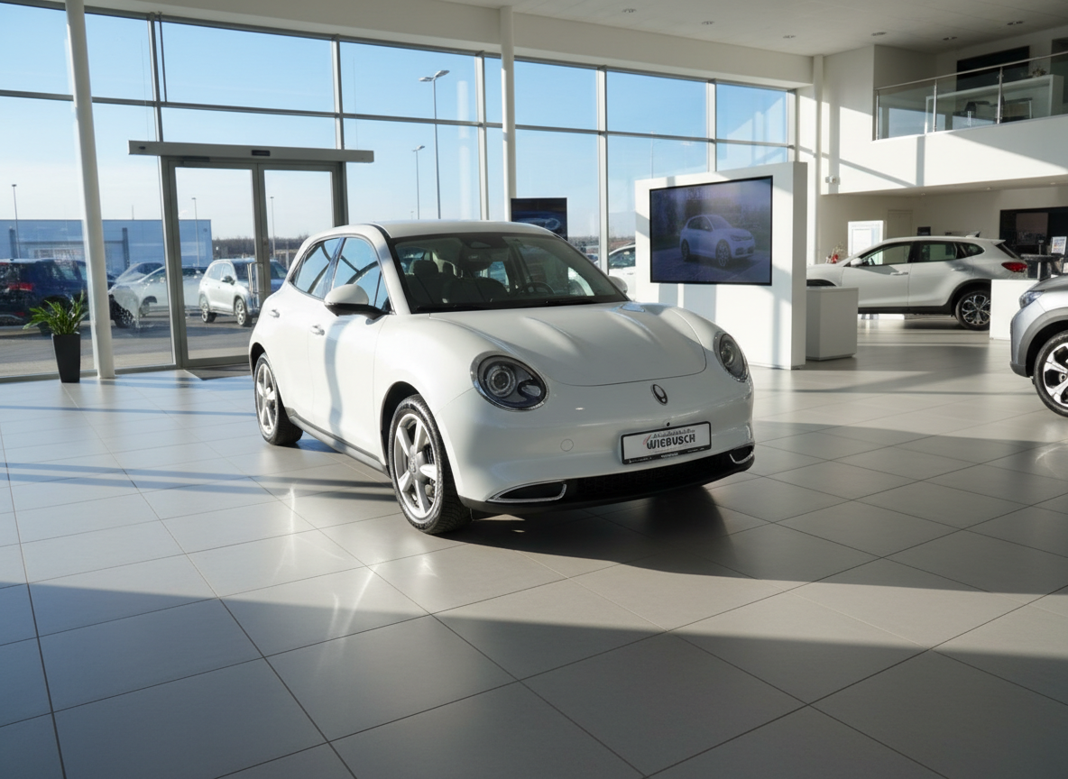 Weißer Ora Funky Cat Elektroauto im Autohaus Wiebusch Showroom