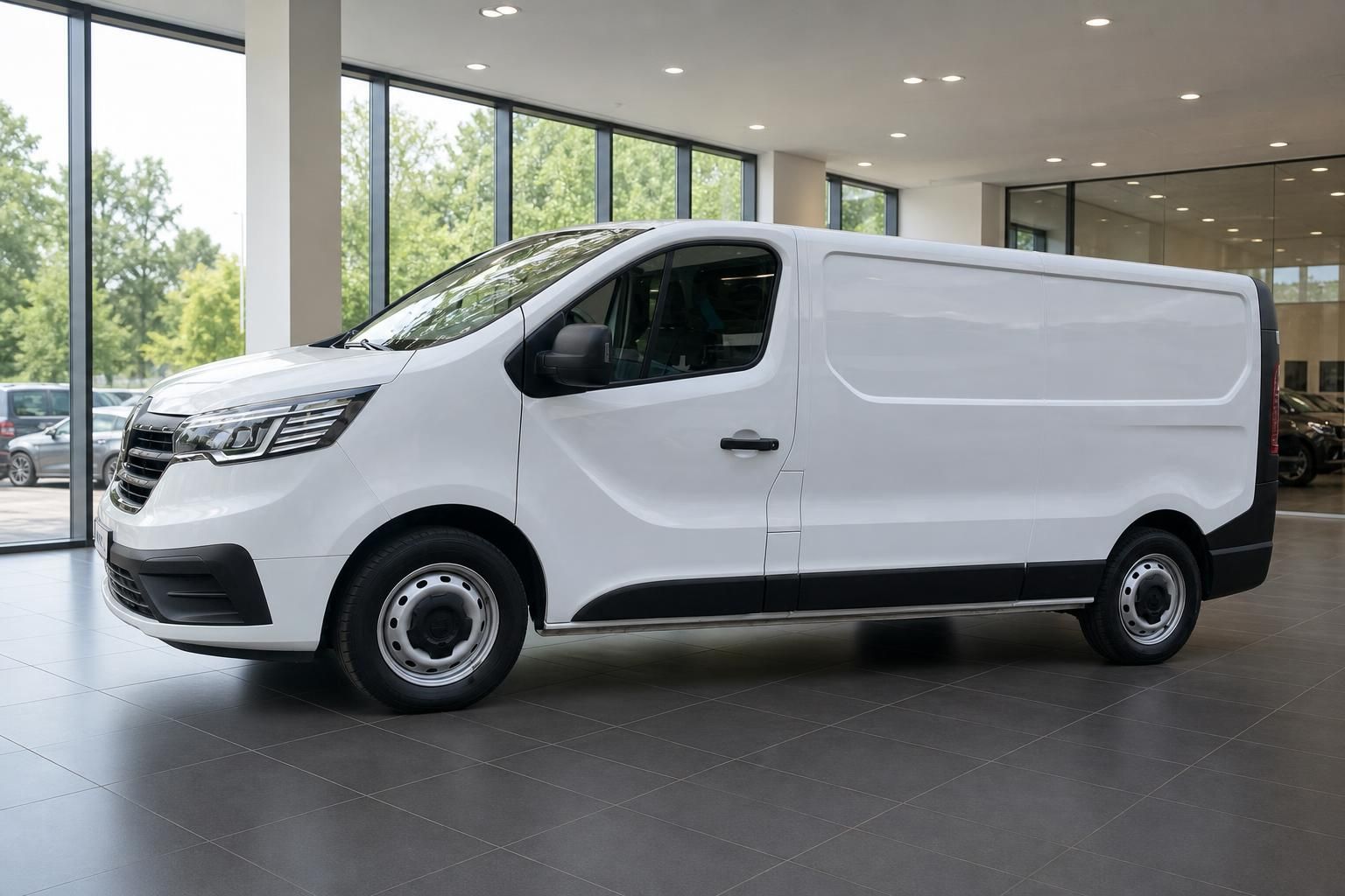 Weißer Transporter Van in modernem Autohaus-Showroom - Seitenansicht mit Stahlfelgen