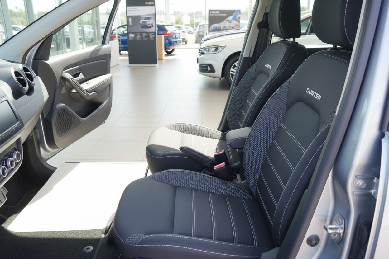 Dacia Duster Innenraum Vordersitze schwarz mit weißer Kontrastnaht im Autohaus