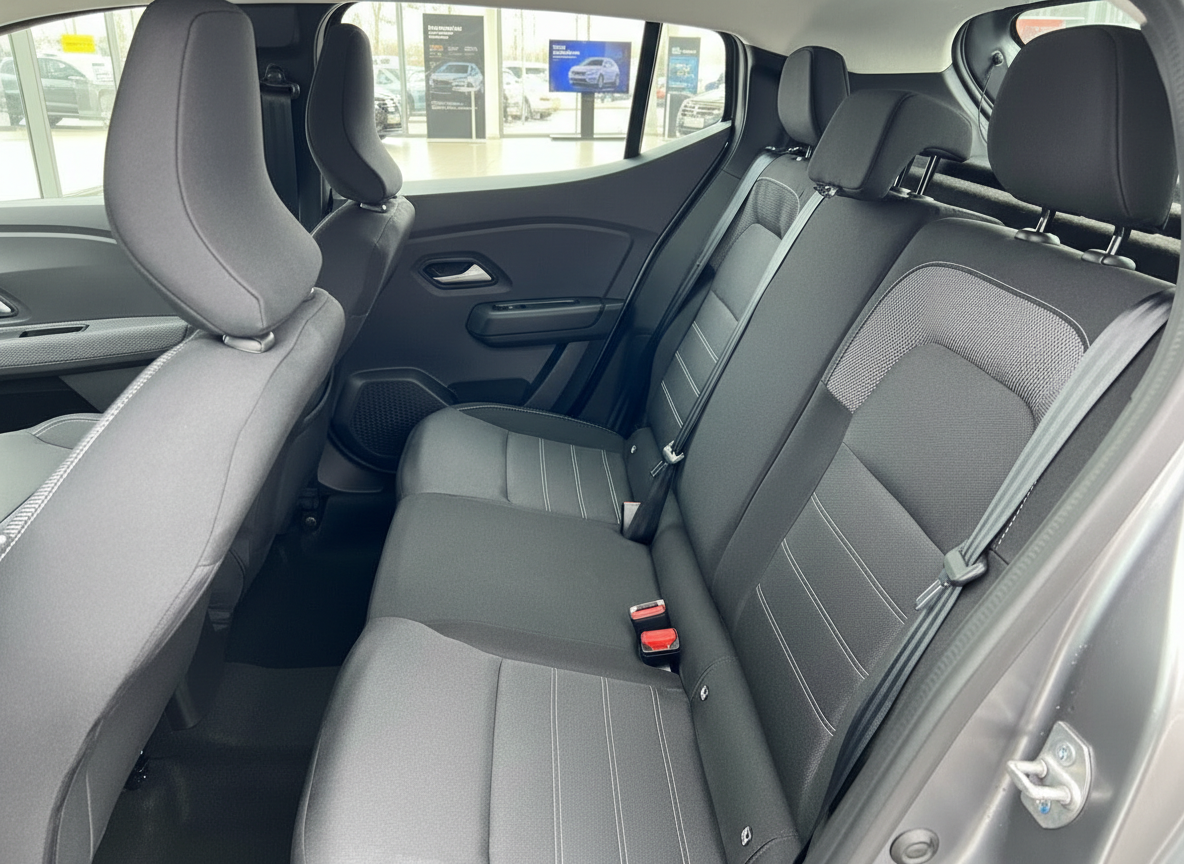 Rücksitzbank mit dunklem Stoffbezug und hellen Ziernähten im Innenraum eines Dacia Fahrzeugs