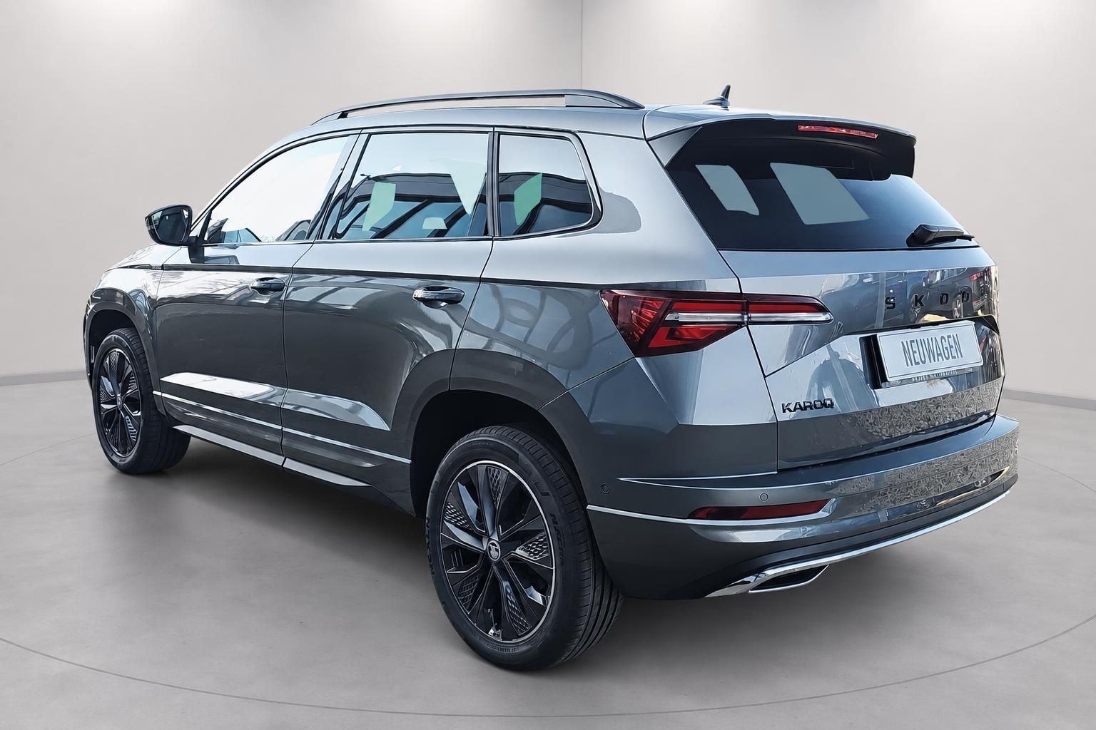 Skoda Karoq in Grau, Heckansicht mit Dachreling und LED-Rückleuchten