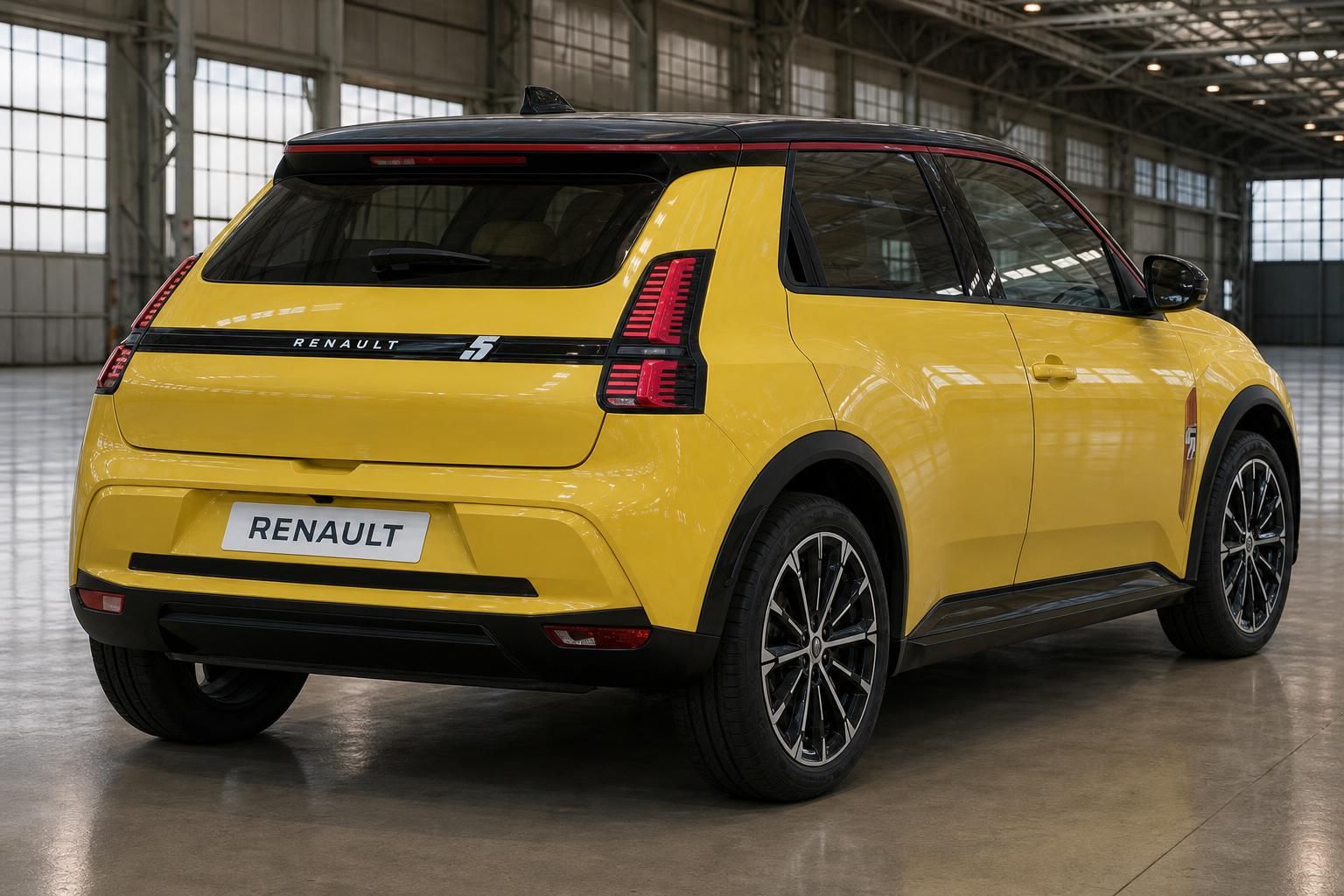 Renault 5 gelb Schrägansicht hinten rechts mit modernen LED-Rückleuchten