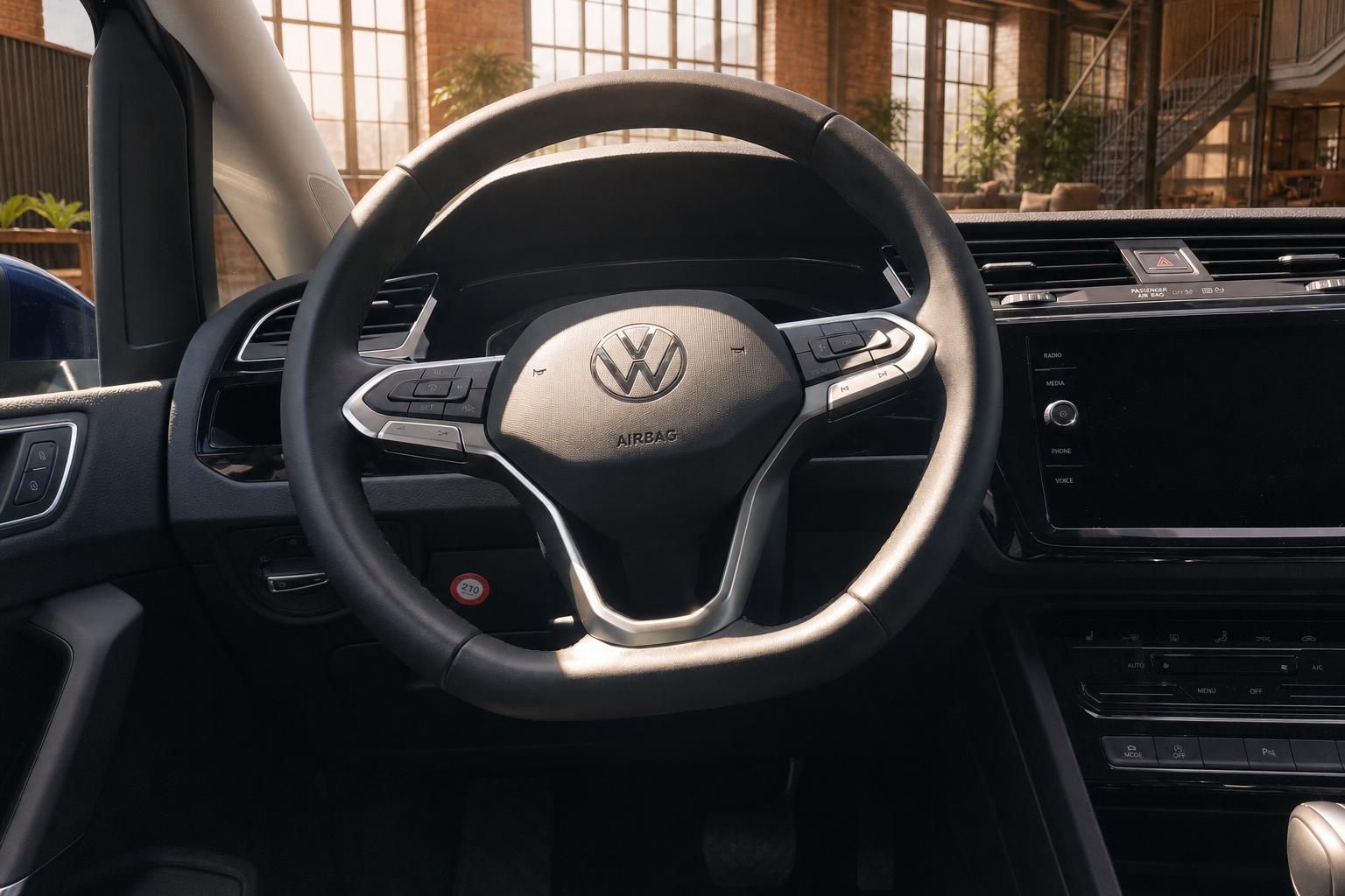 VW Lenkrad Nahaufnahme mit Multifunktionstasten und Airbag Emblem