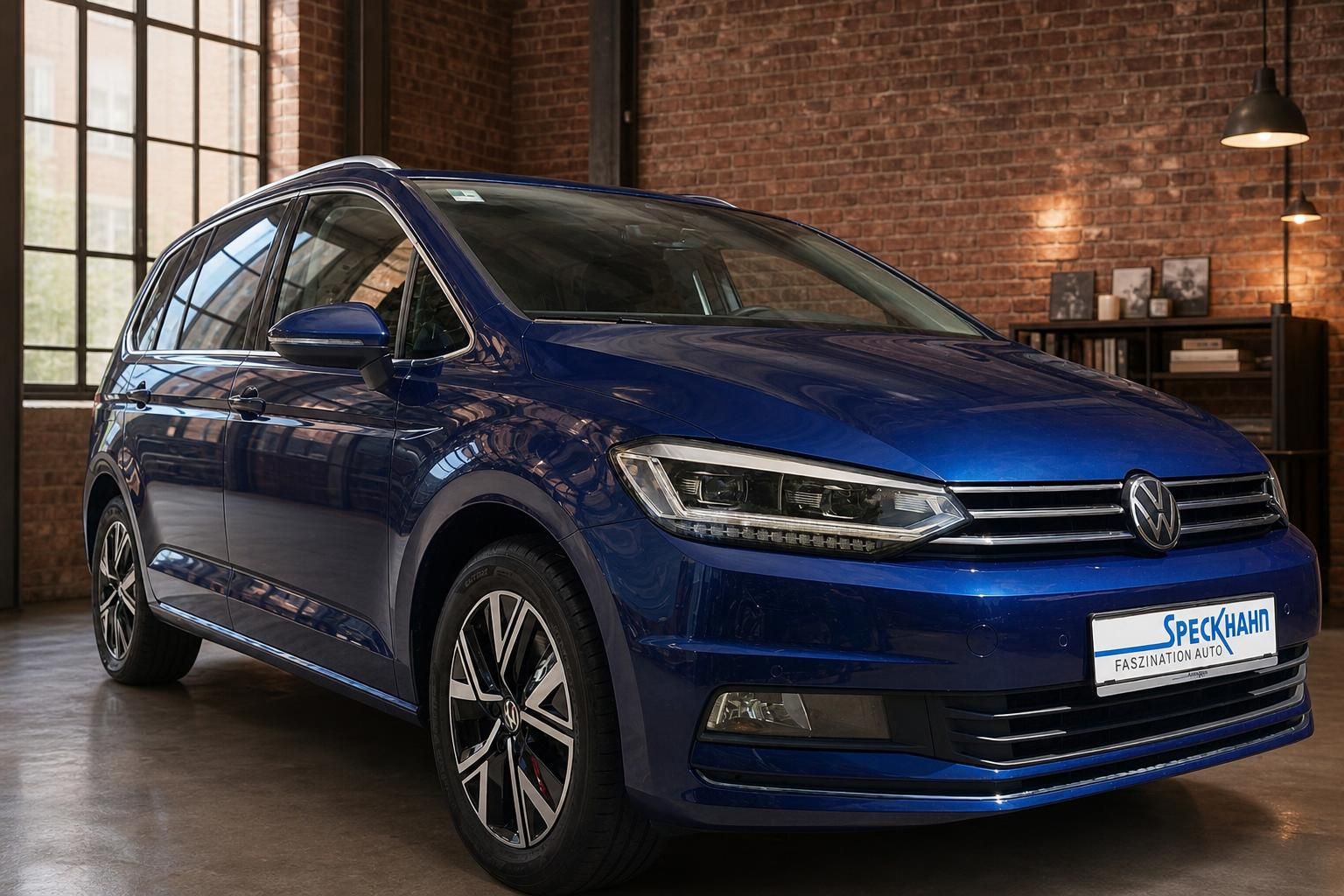 VW Touran blau metallic Frontansicht seitlich in Loft-Halle