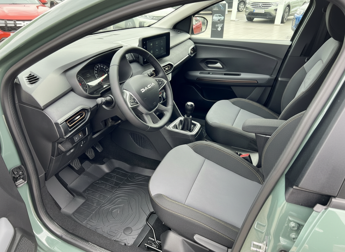 Dacia Sandero Innenraum mit Lenkrad, Touchscreen und Stoffsitzen in Grau-Schwarz