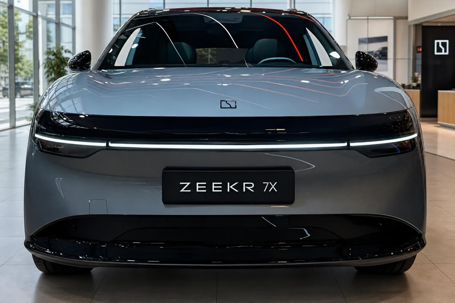 Zeekr 7X Frontansicht mit LED-Lichtleiste im Showroom