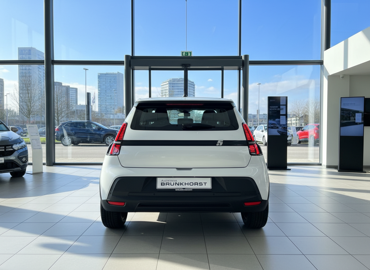 Weißer Hyundai INSTER Heckansicht im Autohaus Brunkhorst Showroom