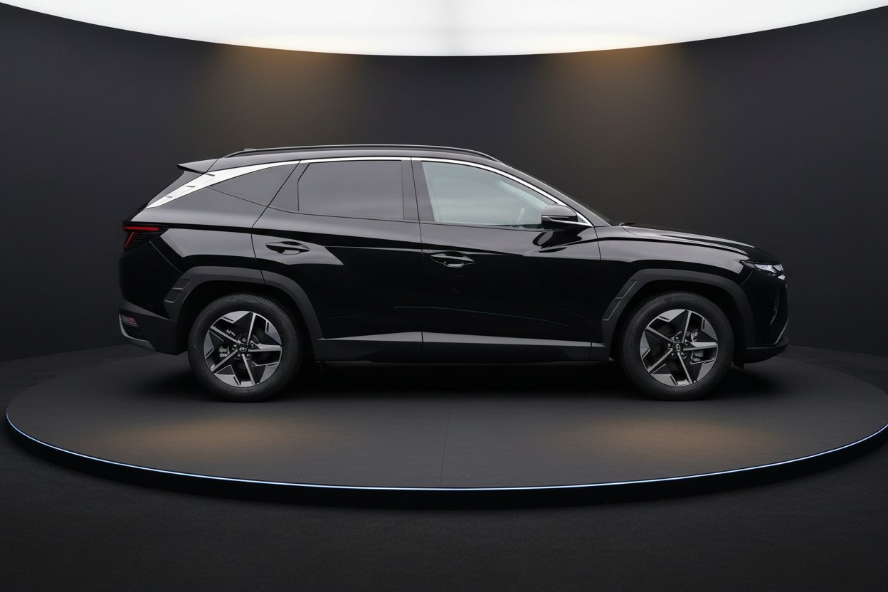 Schwarzer Hyundai Tucson SUV Seitenansicht im Showroom mit modernem Design, markanten Leichtmetallfelgen und LED-Rückleuchten auf drehbarer Präsentationsbühne