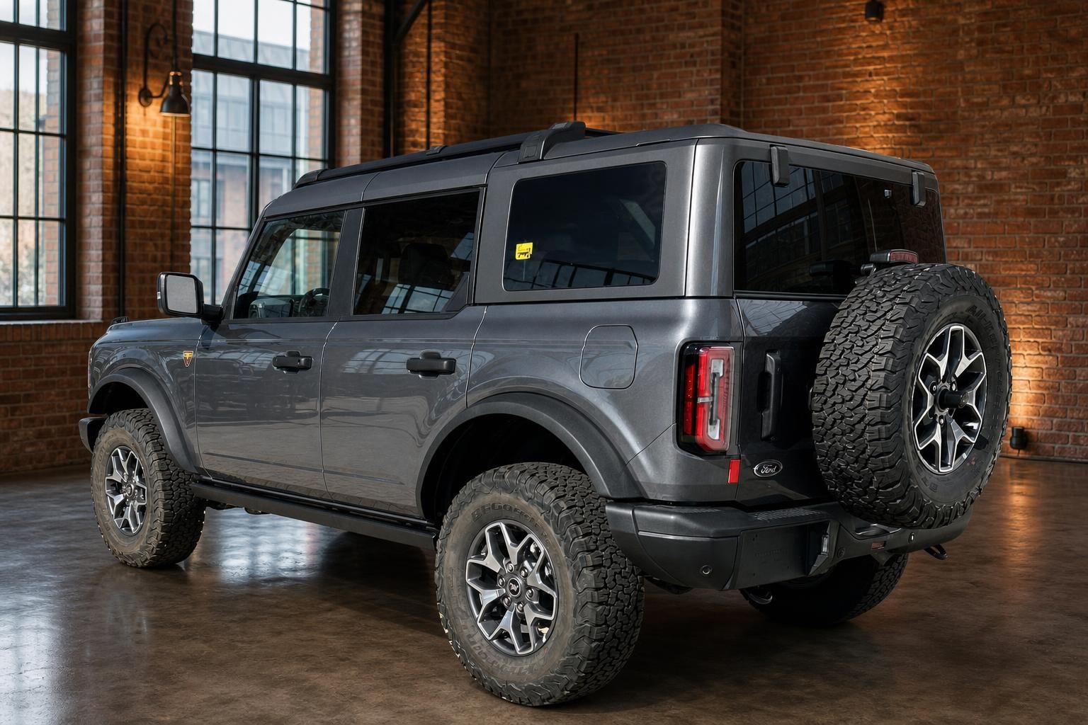 Ford Bronco grau SUV Heckansicht seitlich mit Reserverad und Geländereifen