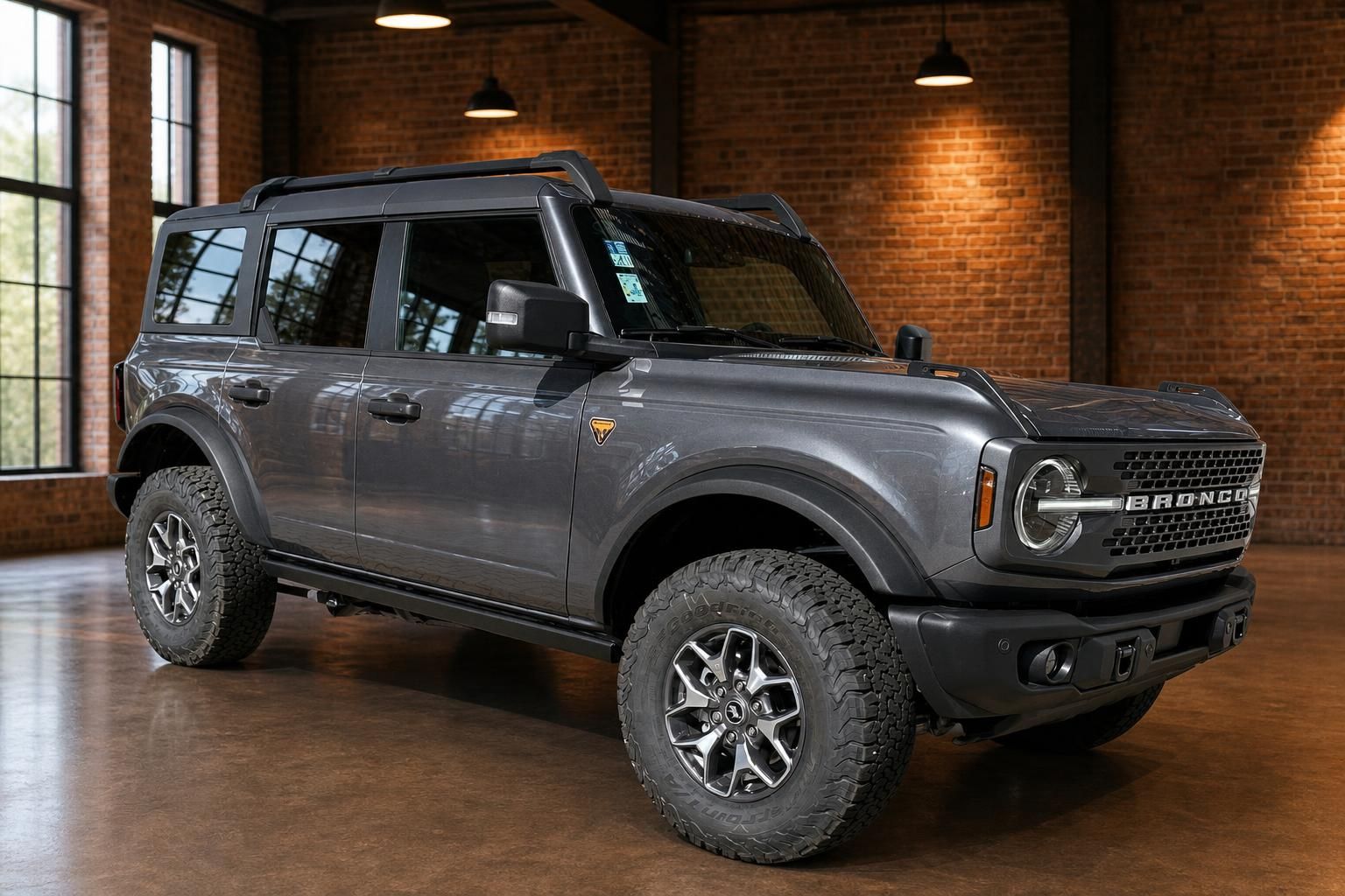 Ford Bronco grau SUV Frontansicht schräg mit Geländereifen in Industriehalle