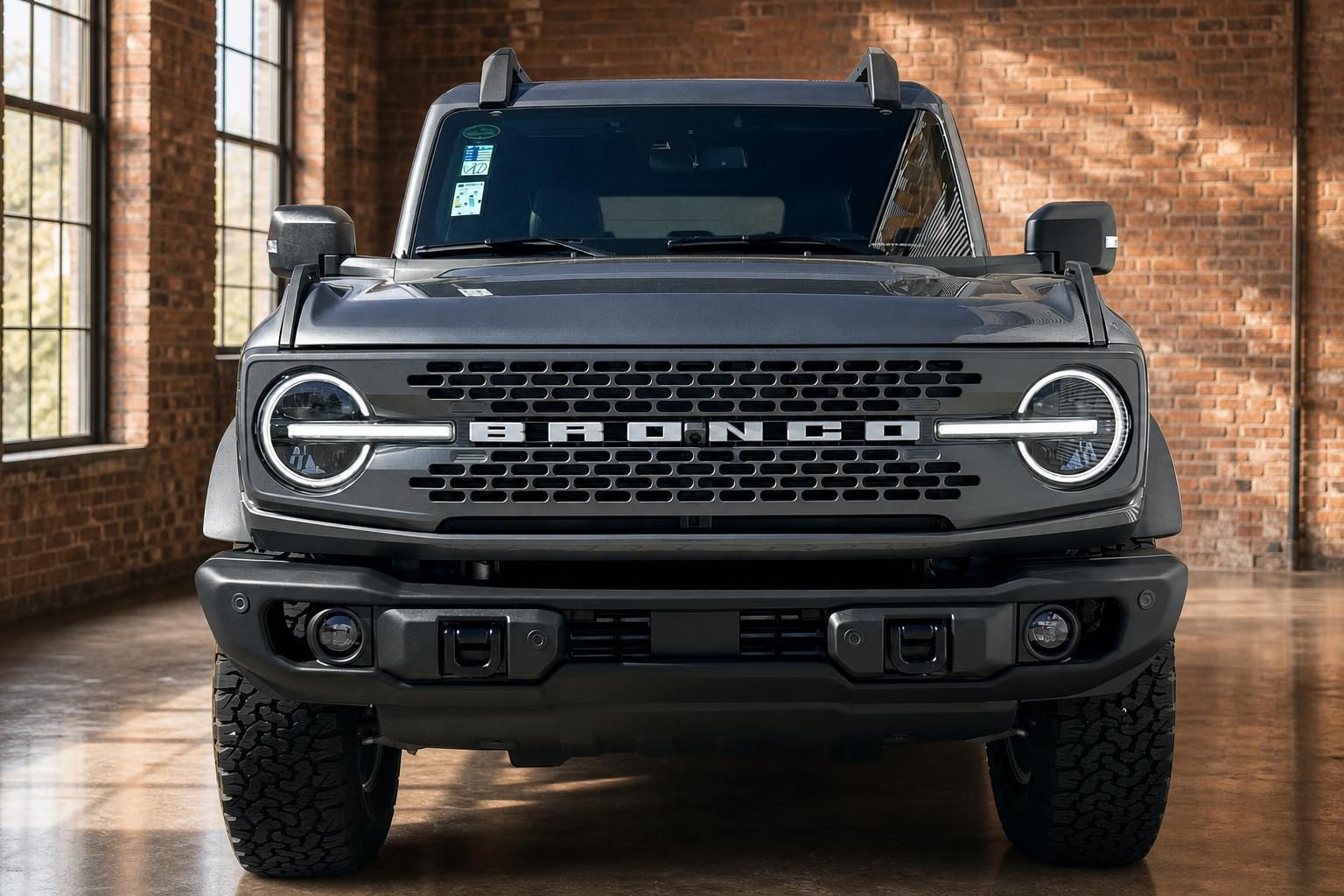 Ford Bronco grau Frontansicht mit Bronco-Schriftzug im Kühlergrill in Industriehalle