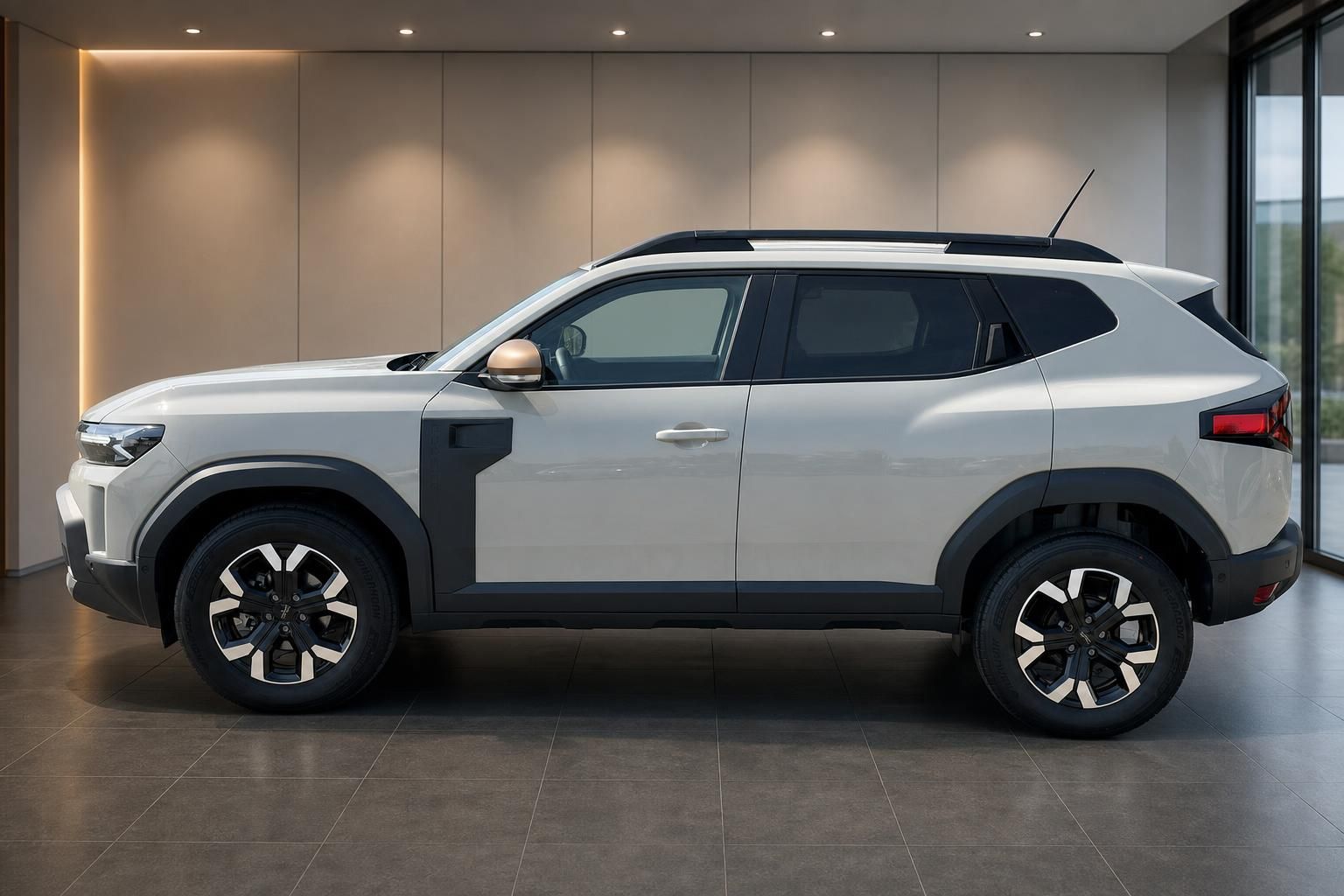 Dacia Duster SUV in Beige Seitenansicht rechts im modernen Showroom