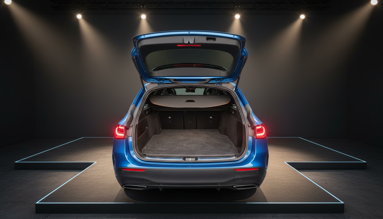 Blauer Kombi mit geöffneter Heckklappe und geräumigem Kofferraum in Fotostudio