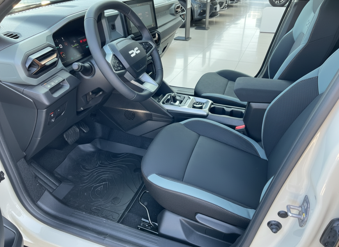 Dacia Innenraum mit schwarzen Stofssitzen, Lenkrad und Mittelkonsole in modernem Design