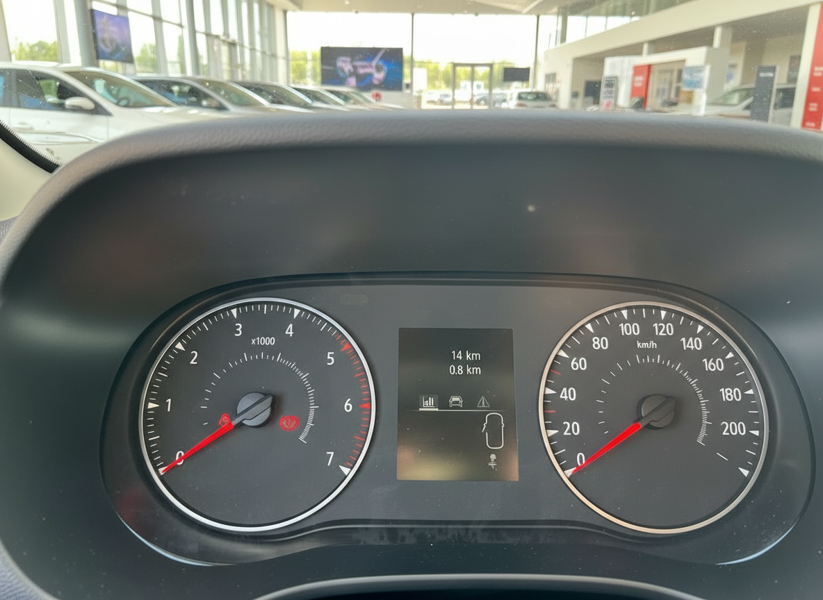 Tacho und Instrumententafel eines Renault Fahrzeugs mit 14 km Kilometerstand im Autohaus