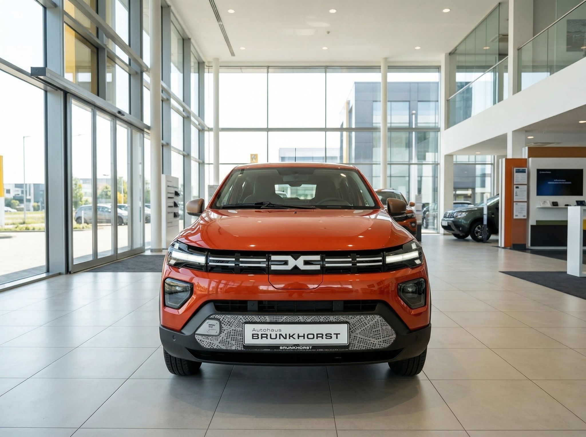 Dacia Elektrofahrzeug in Orange - Frontansicht im Autohaus mit LED-Scheinwerfern
