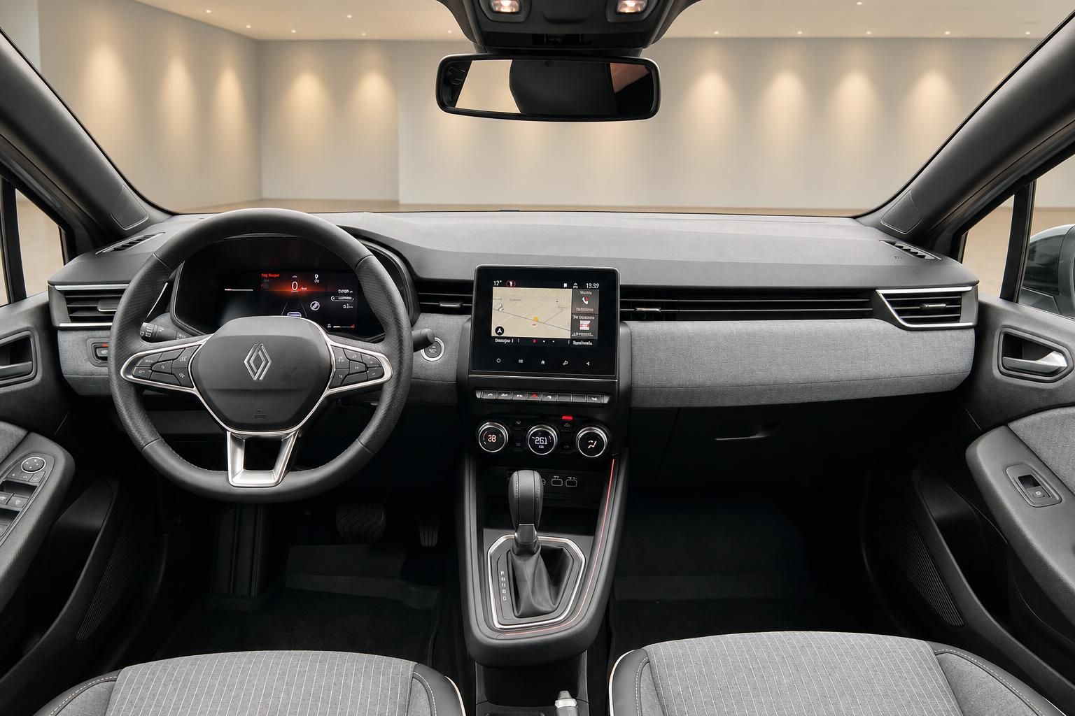 Renault Clio Cockpit mit Lenkrad, Touchscreen-Navigation und modernem Armaturenbrett