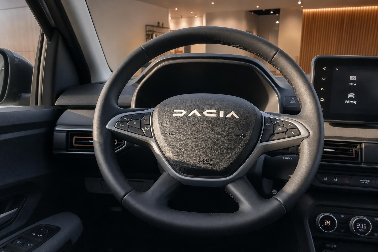 Dacia Lenkrad mit Multifunktionstasten und Touchscreen-Display im modernen Fahrzeug-Cockpit