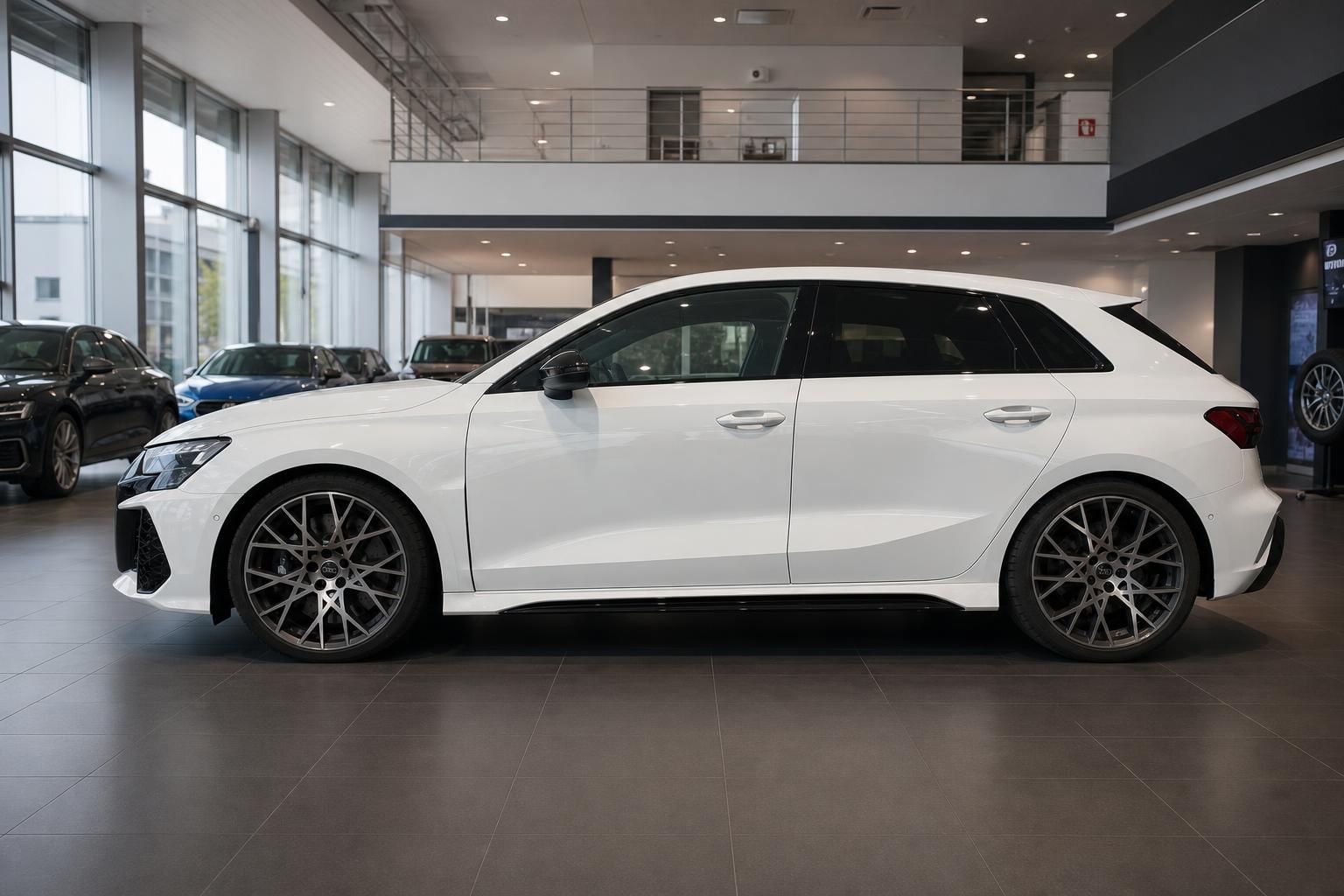 Audi RS3 Sportback weiß, Seitenansicht mit sportlichen Alufelgen