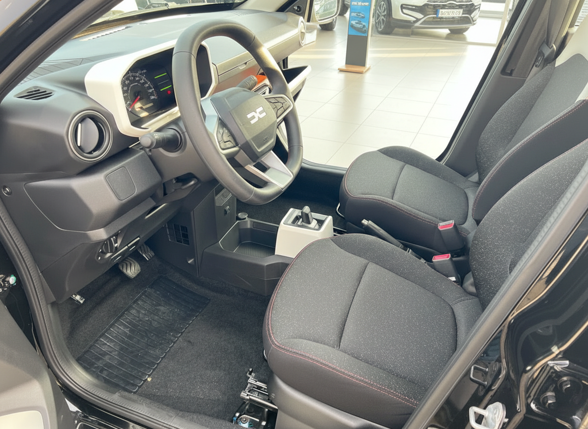 Dacia Innenraum mit schwarzen Stoffsitzen und roter Naht, Lenkrad mit Dacia-Logo, Automatikgetriebe