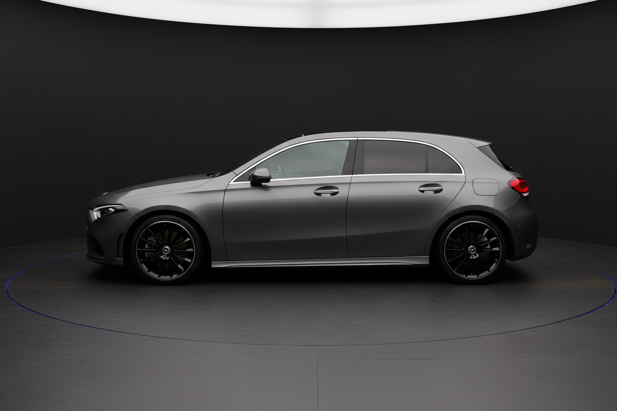 Mercedes-Benz A-Klasse Kompaktwagen in mattem Grau mit schwarzen AMG-Felgen, Seitenansicht im Showroom mit dunklem Hintergrund