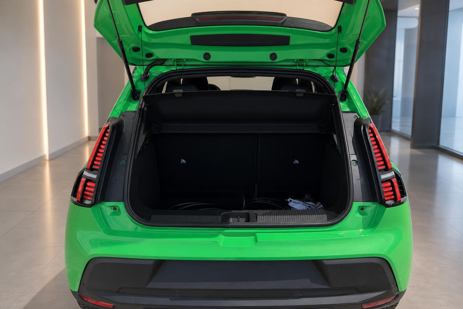 Grünes Elektroauto Kofferraum offen von hinten – geräumiger Laderaum mit Heckklappe